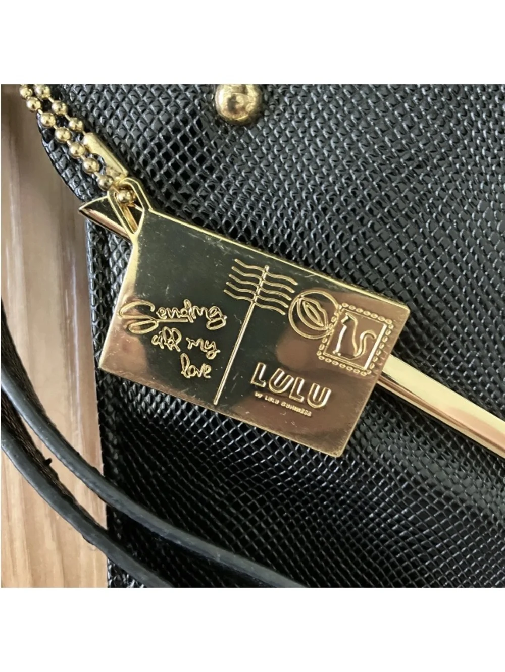 Lulu Guinness Handbag Black & Gold Envelope Bag Clutch Wristlet Vegan Embossed..